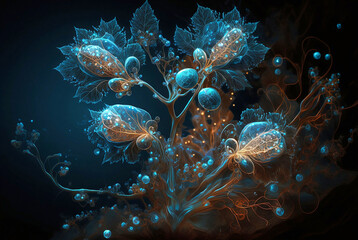 abstract magical flowers in blue glow