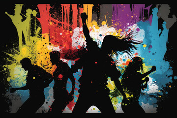 Dancing silhouettes and shadows on a background of splashing colors, partying, having fun, Generative AI