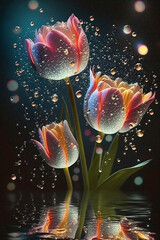 beautiful magic glowings tulips flowers with water