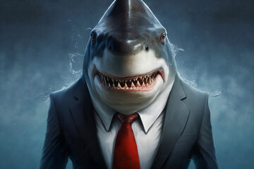 shark dressed as a businessman on a blue background