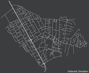 Detailed negative navigation white lines urban street roads map of the FELDMARK BOROUGH of the German town of DINSLAKEN, Germany on dark gray background