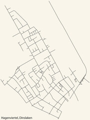Detailed navigation black lines urban street roads map of the HAGENVIERTEL BOROUGH of the German town of DINSLAKEN, Germany on vintage beige background