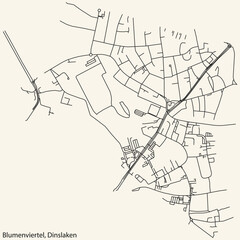 Detailed navigation black lines urban street roads map of the BLUMENVIERTEL BOROUGH of the German town of DINSLAKEN, Germany on vintage beige background