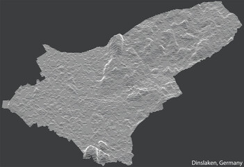 Topographic negative relief map of the town of DINSLAKEN, GERMANY with white contour lines on dark gray background