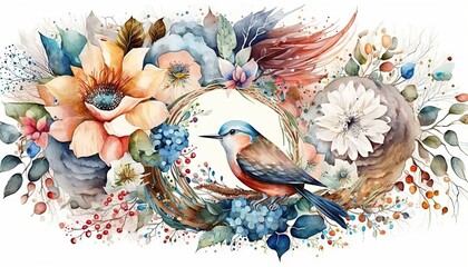  a watercolor painting of a bird and flowers on a white background with blue and pink flowers and leaves around it, with a white background.  generative ai