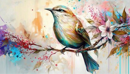  a painting of a bird sitting on a branch with flowers on it's side and a splash of paint on the back of it.  generative ai