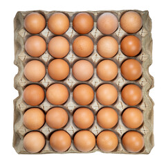 Dozen chicken  eggs in carton box on white background, Eggs in cardboard box on White PNG File.