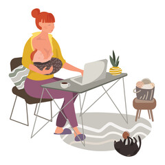 Woman Mother breastfeeding baby while working with laptop at home vector illustration.Young mother taking online consultation or video lessons.Female freelancer working or studying on laptop at home.