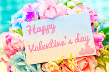 Happy valentine's day card with flower bouquet, vintage filter, love and romance