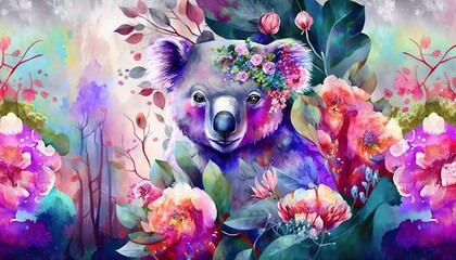  a painting of a koala bear surrounded by flowers and leaves on a white background with a blue sky in the background and a pink sky.  generative ai