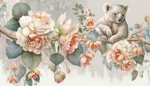 a painting of a bear sitting on a branch with pink flowers and green leaves on a white background with a white border around the picture.  generative ai