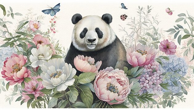  a painting of a panda surrounded by flowers and butterflies with a butterfly on the back of the picture and a butterfly on the top of the picture.  generative ai