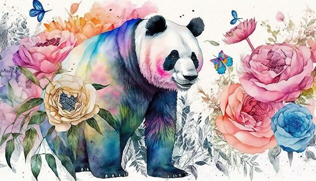  a painting of a panda surrounded by flowers, butterflies, and a butterfly on a white background with a butterfly on the top of the panda's head.  generative ai