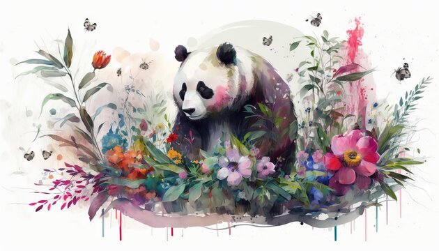 a painting of a panda bear surrounded by colorful flowers and butterflies on a white background with a splash of paint on the bottom of the image.  generative ai