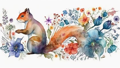  a watercolor painting of a squirrel surrounded by wildflowers and bluebells on a white background with a white back dropper.  generative ai