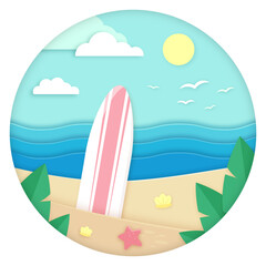 Cutout paper illustration of a summer beach. Surfboard in the sand, light sky and palm leaves
