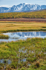 View on Altai lake Dzhangyskol and mountain plateau Eshtykel. North Chui ridge. Russia.