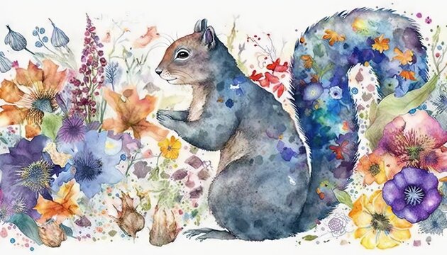  a watercolor painting of a squirrel surrounded by wildflowers and flowers, with a white background and a blue tail and tail, with a black nose and tail.  generative ai