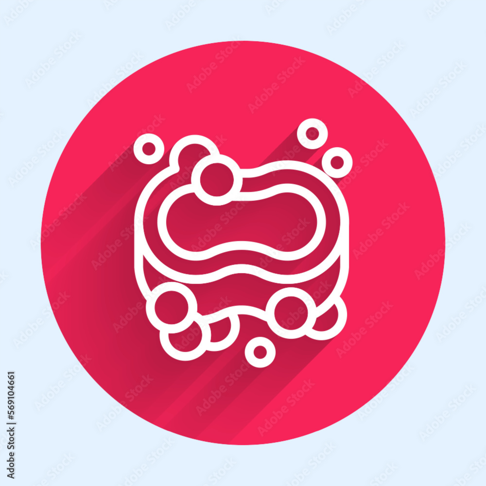 Poster white line bar of soap icon isolated with long shadow background. soap bar with bubbles. red circle 