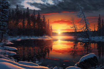 Fototapeta na wymiar Sunset Over Winter Forest Lake