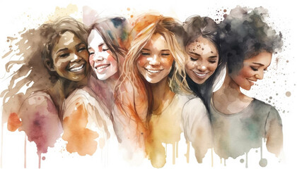 Happy women group for International Women’s day , watercolor style illustration by Generative Ai - obrazy, fototapety, plakaty