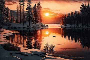 Fototapeta na wymiar Sunset Over Winter Forest Lake