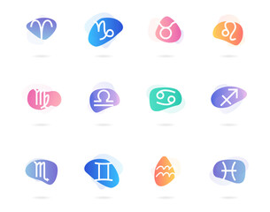 Zodiac sign icons. Vector illustrations. Set of 12 zodiac. Constellation of Aries, Taurus, Leo, Gemini, Virgo, Scorpio, Libra, Aquarius, Sagittarius, Pisces, Capricorn, Cancer.