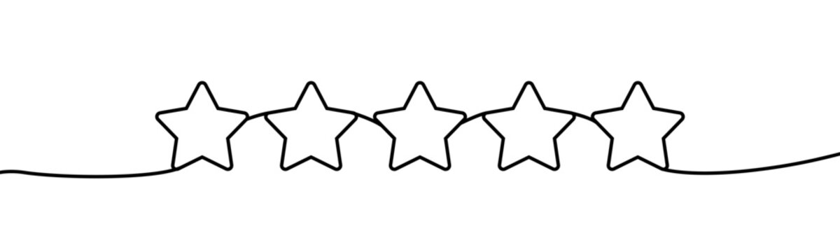 Star icon line continuous drawing vector. Continuous one line drawing. Five stars customer product rating review icon. Star icon. Continuous outline of a star icon.