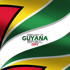 Waving Guyana flags with bold text on white background to commemorate Guyana Republic Day on February 23