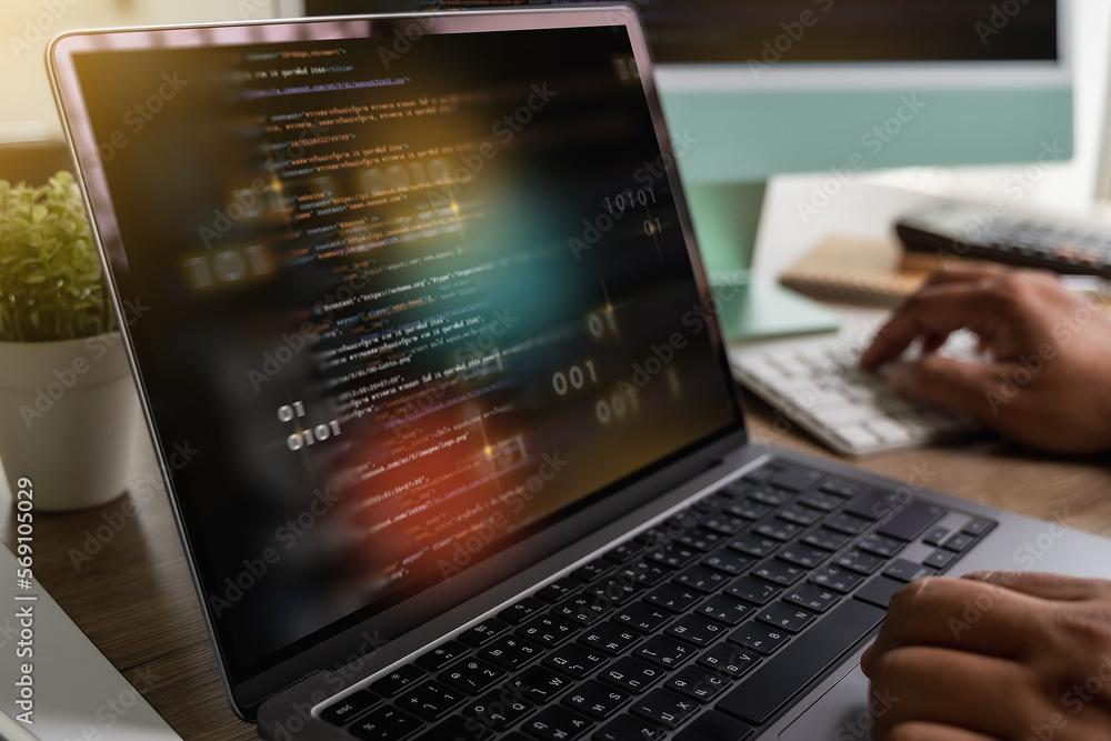 Poster software engineer working on a laptop website application development technology concepts 