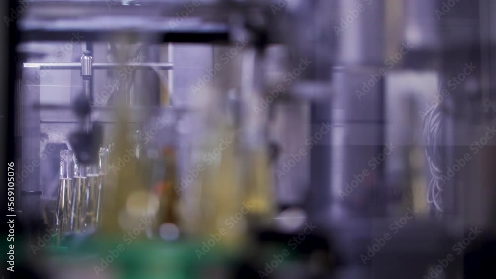 Poster bottles filled with white wine, handled and carried by an automated conveyor machine at a winery. st