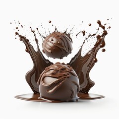 chocolate cocoa truffle balls with melted chocolate splash. Generative Ai art. Macro 3d illustration isolated on white background
