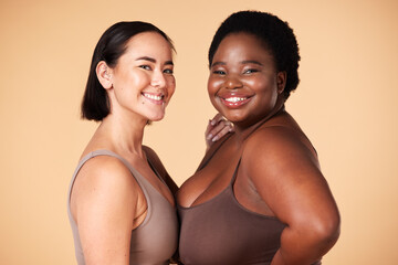 Friends, diversity and beauty of plus size women in studio isolated on a brown background. Empowerment portrait, underwear and body positive happy girls with makeup, cosmetics and healthy skincare.