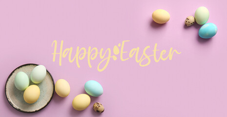 Greeting card for Easter celebration with painted eggs on lilac background