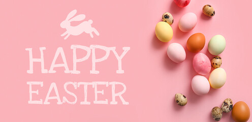 Fototapeta na wymiar Greeting card for Easter celebration with painted eggs on pink background