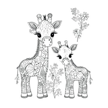 Vector cute giraffes for kids coloring book illustration hand drawn isolated 
