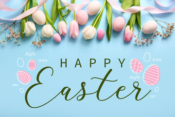 Easter greeting card with flowers and eggs on light blue background