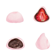 Watercolor hand drawn traditional Japanese sweets. Spring wagashi, sakura mochi, daifuku, cherry. Isolated on white background. Design for invitations, restaurant menu, greeting cards, print, textile