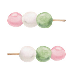 Watercolor hand drawn traditional Japanese sweets. Three color dango, pink, white and green. Isolated on white background. Design for invitations, restaurant menu, greeting cards, print, textile
