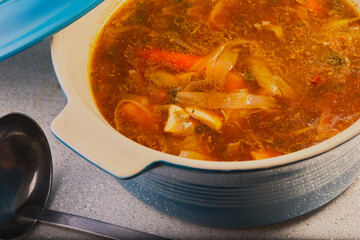 Chicken and vegetable stew in a blue casserole pot.