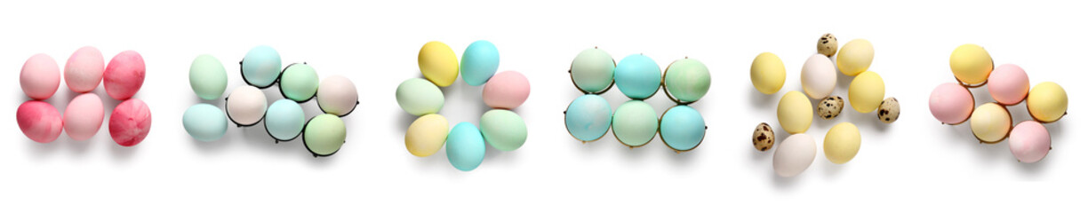 Set of colorful Easter eggs on white background, top view