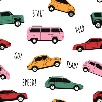 Cars seamless pattern. Cartoon endless print cute vehicles, endless background flat autos for textile. Vector texture