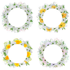 Set of four hand-drawn watercolor flower wreaths with chrysanthemum