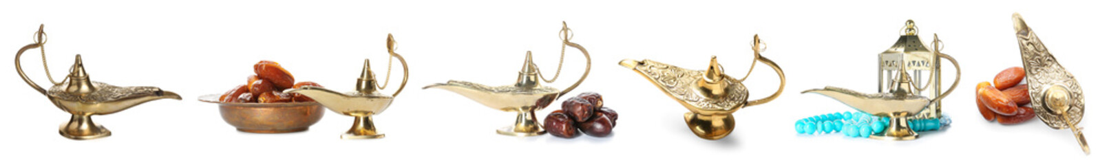Collage of Aladdin lamp of wishes with sweet dates and tasbih on white background