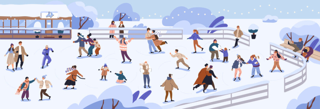 Ice rink with people skating. Outdoor public park for winter activity, entertainment, fun, leisure. Skaters crowd on vacation, holiday, landscape panorama with snow. Flat vector illustration