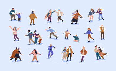 Characters skating on ice rink set. Active people skaters during winter holiday fun, leisure, sport activity. Happy diverse families, kids, love couples, friends sliding. Flat vector illustrations © Good Studio