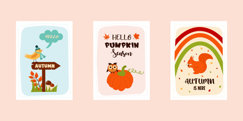 Set of autumn greeting cards. Cozy quotes and cute things. Print as a card or a cozy poster. Autumn, harvest festival, thanksgiving day, cozy season, halloween concept.