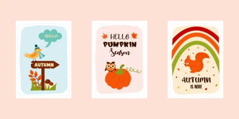 Deurstickers Set of autumn greeting cards. Cozy quotes and cute things. Print as a card or a cozy poster. Autumn, harvest festival, thanksgiving day, cozy season, halloween concept. © Julia G art