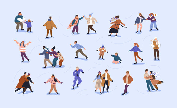 Characters skating on ice rink set. Active people skaters during winter holiday fun, leisure, sport activity. Happy diverse families, kids, love couples, friends sliding. Flat vector illustrations