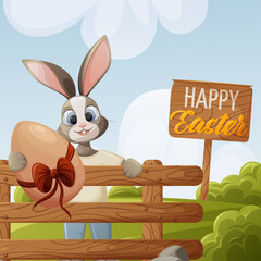 Easter background. A bunny on a green lawn stands behind a rustic fence and holds a large egg with a bow. Vector illustration in cartoon style. Natural landscape. For banner, postcard, kids book